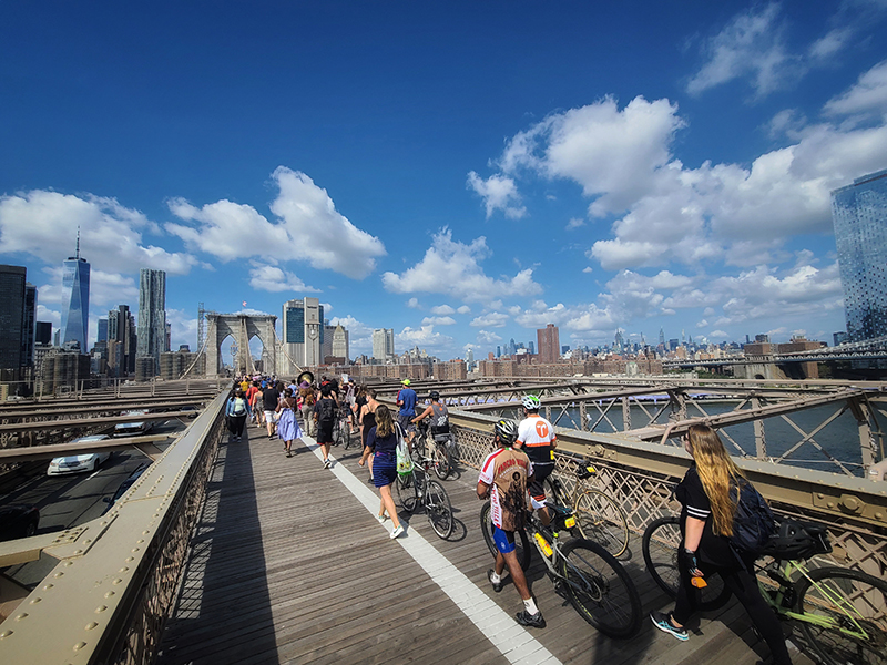 Our parade group heading across the Brooklyn Bridge