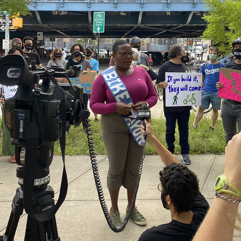 Photo of NYC People's Bike Mayor Courtney Williams at the rally