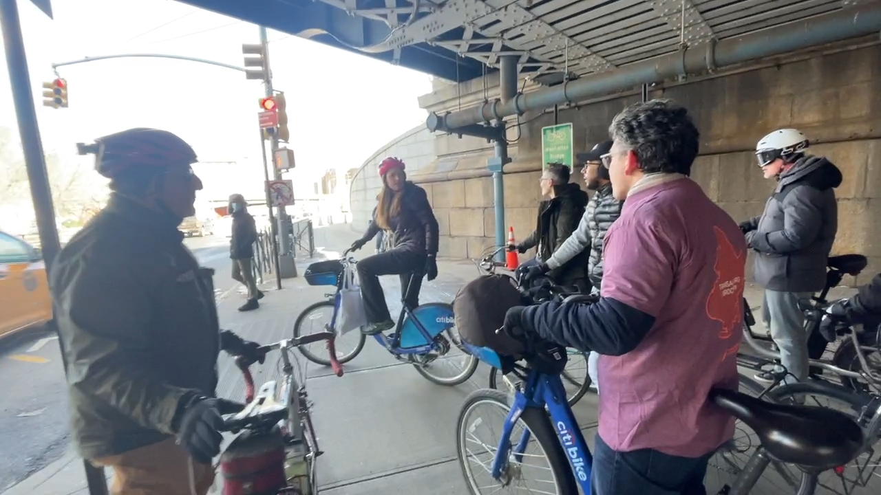 Council Member Lincoln Restler, Brooklyn Borough President Antonio Reynoso, and Bridges 4 People supporters on the shared pedestrian and bicyclist path under the Manhattan Bridge.