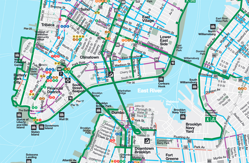 The section of the New York City bike map around the Brooklyn, Manhattan, and Williamsburg Bridges